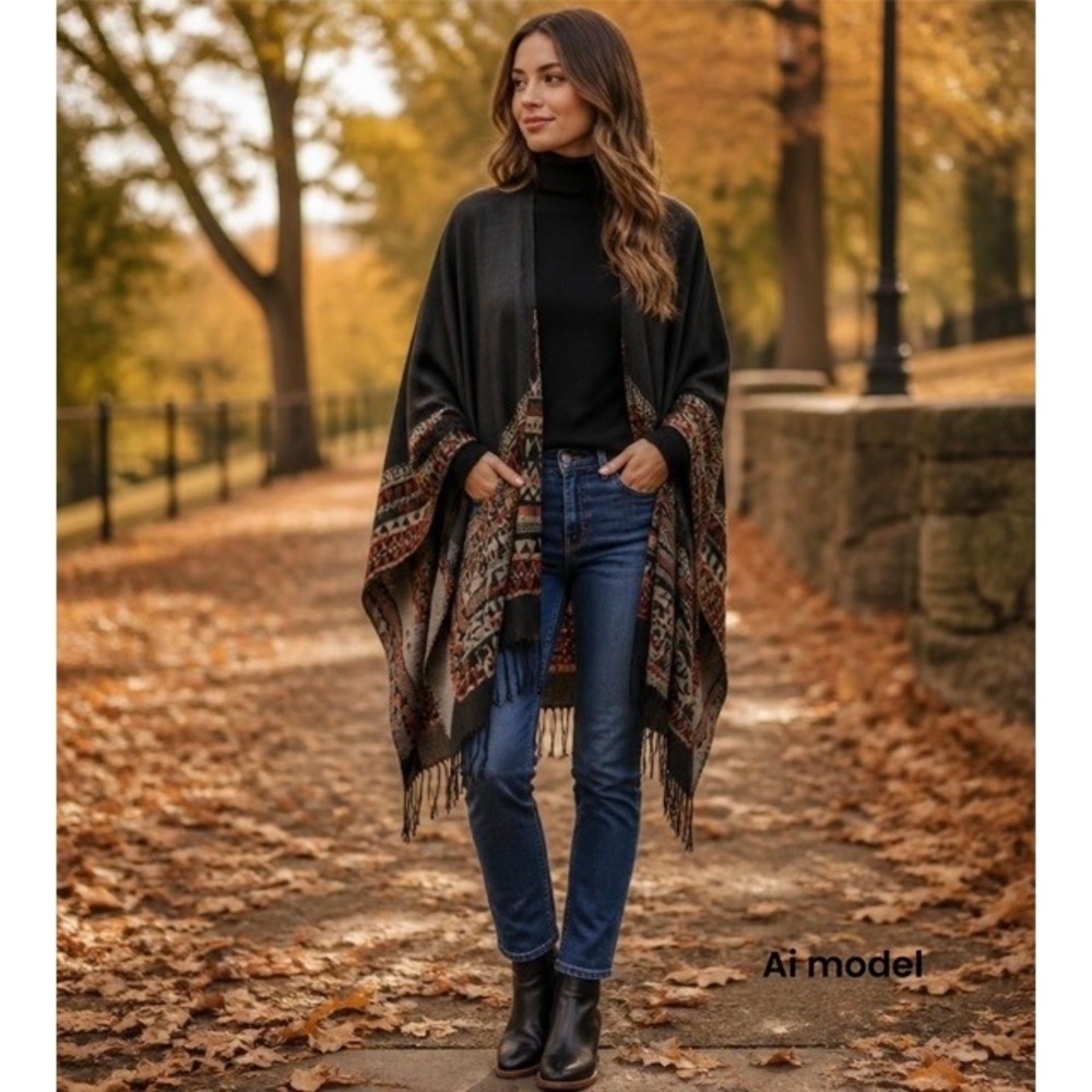 Young USA Southwestern Open Front Poncho Wrap Charcoal Grey Geometric Fringe Hem